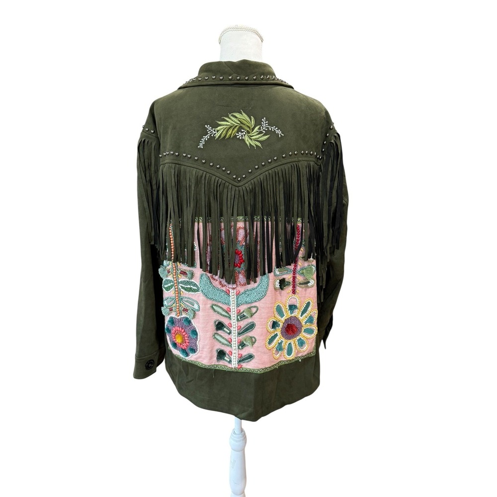 Lesal Upcycled Fringe Jacket Olive Green Beaded Floral Western Boho